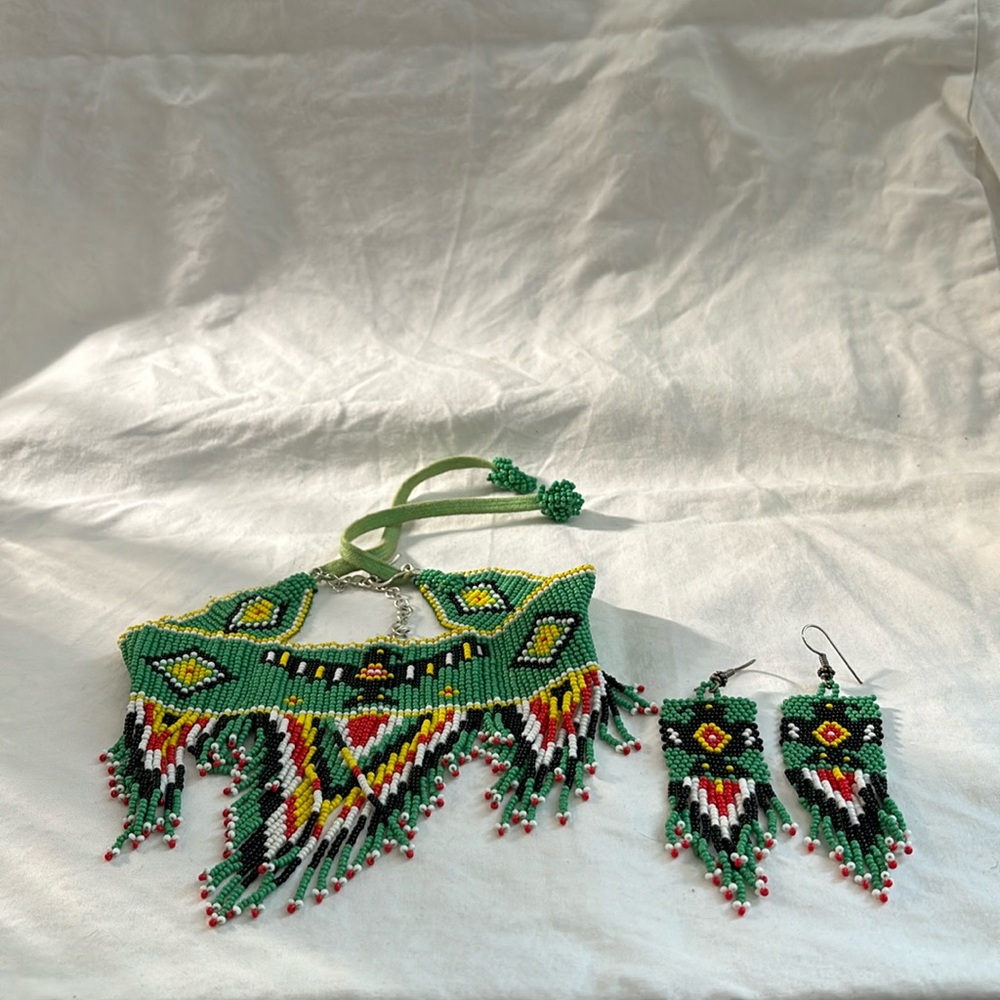 Hand Beaded Tribal Black, Green, Orange/Red and White Chocker and earrings